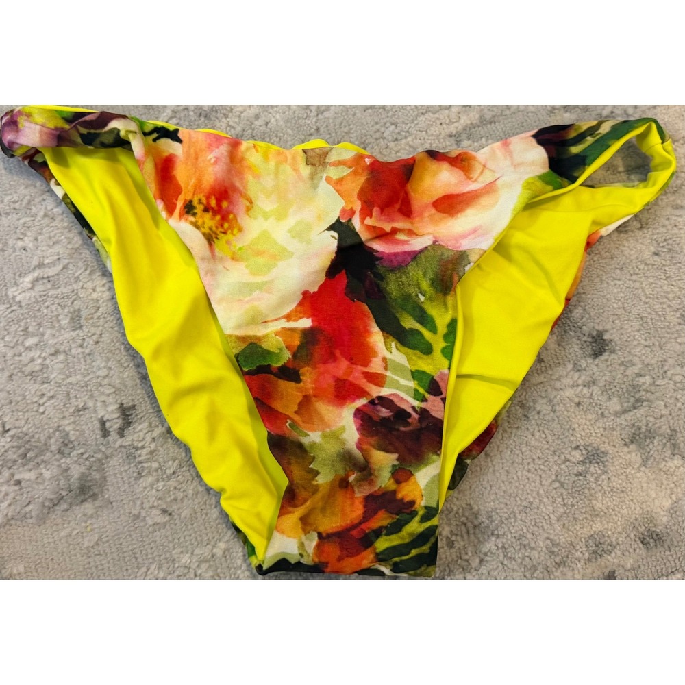 Beach Bunny Swimwear Reversible Floral Neon Yellow Bikini Bottoms Large NEW